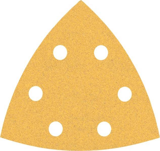 Ein dreieckiges Schleifpapierblatt mit sechs kreisrunden Löchern, konzipiert für einen Multischleifer.