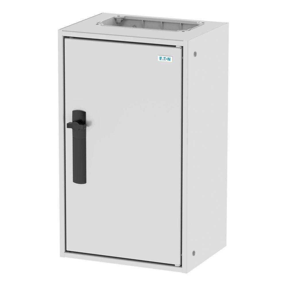 Eaton-Elektrogehäuse mit einem schwarzen Griff an der Frontseite, verwendet zur Unterbringung von elektrischer Ausrüstung und Verkabelung, mit grauer Metallaußenseite.