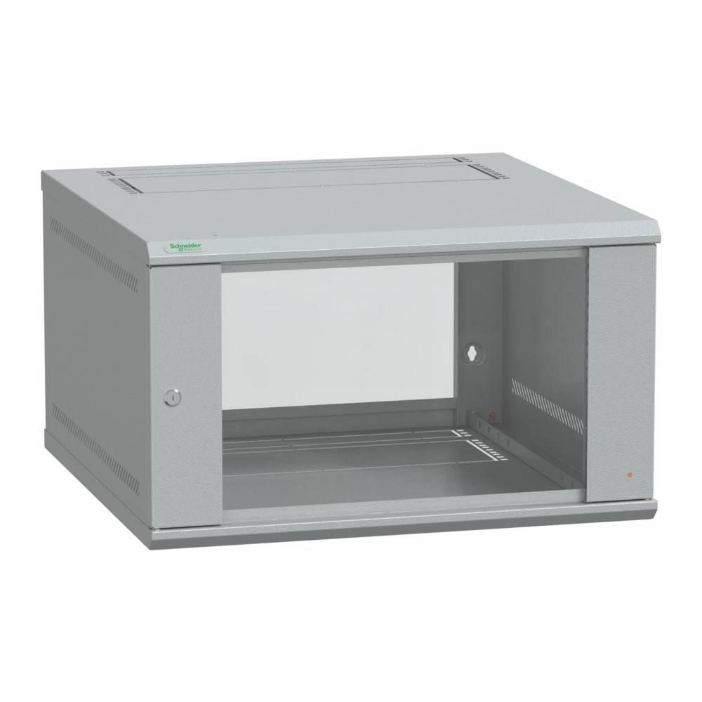 Stahlgehäuse für elektronische Geräte, grau, offene Frontseite mit gelochten Seitenwänden zur Belüftung, geeignet für Wandmontage.