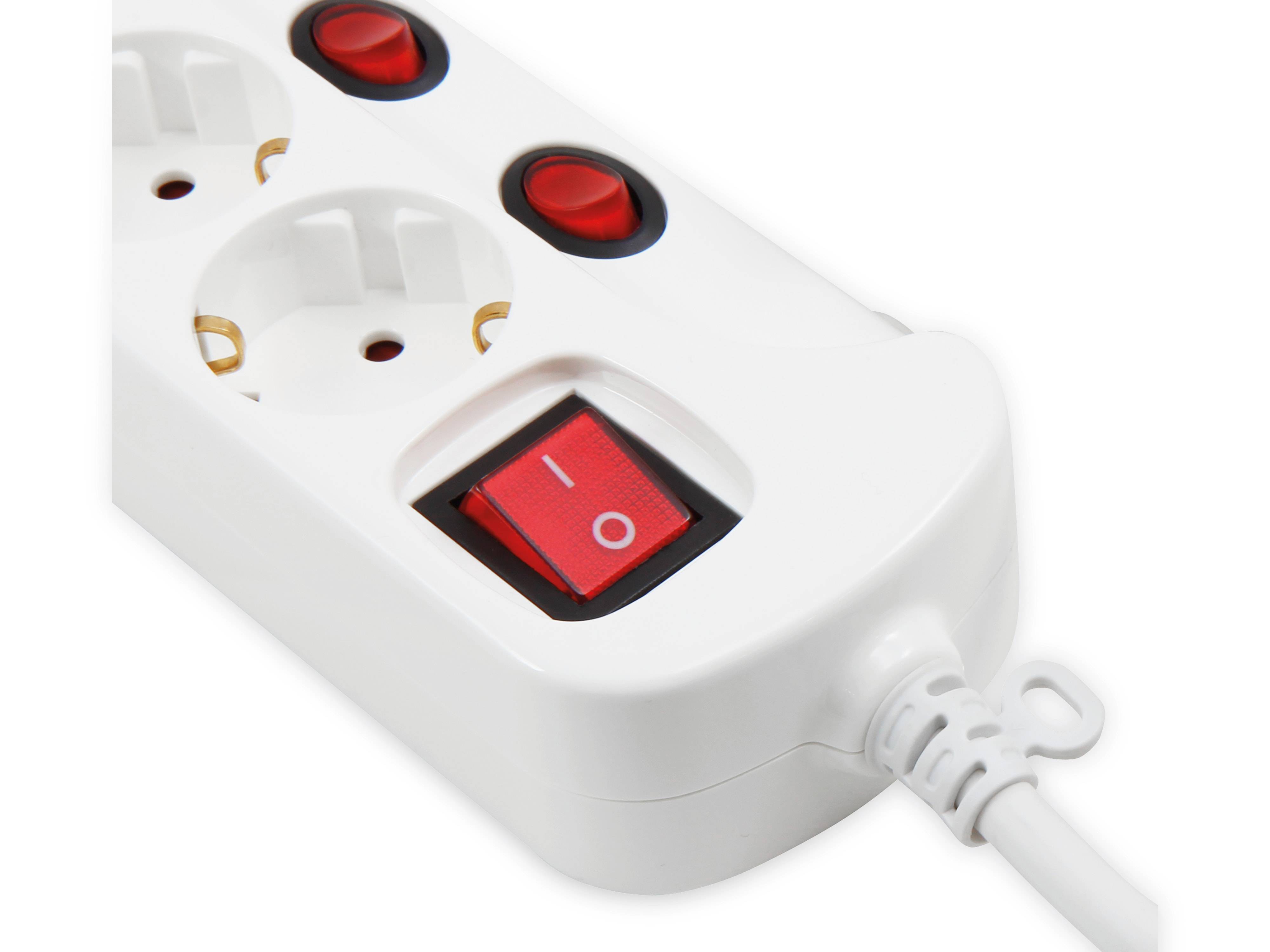 Ein weißer Steckdosenleiste mit zwei Steckdosen und drei roten Schaltern, einschließlich eines größeren Ein/Aus-Schalters. Sie ist mit einem weißen Kabel verbunden.