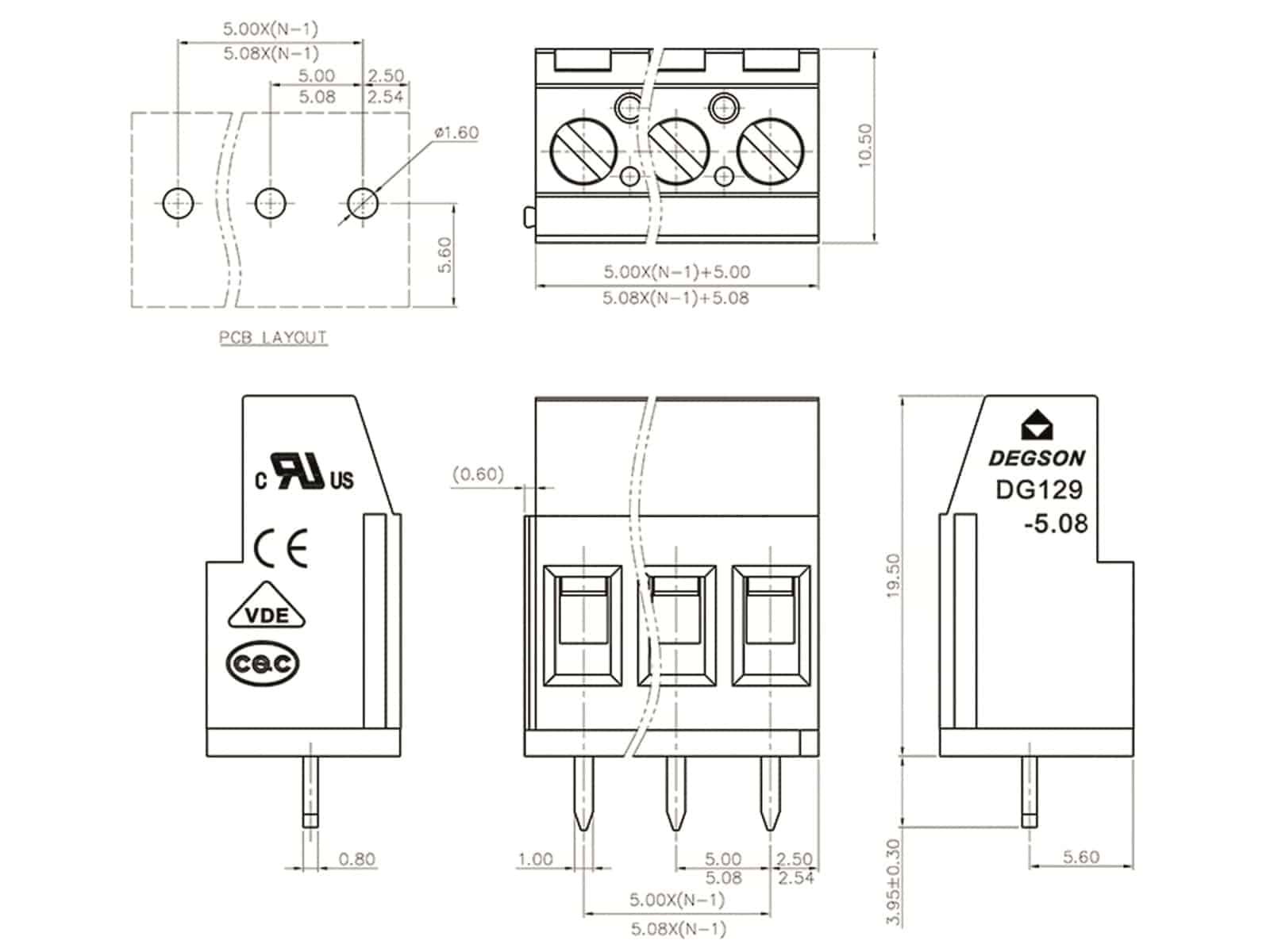 DEGSON Klemmleiste, DG129-5.08-02P-14-00AH, vert. RM 5,08 2 pol grün