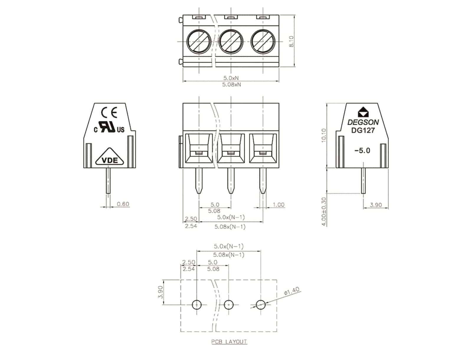 DEGSON Klemmleiste, DG127-5.08-04P-14-00AH, RM 5,08 4 polig grün