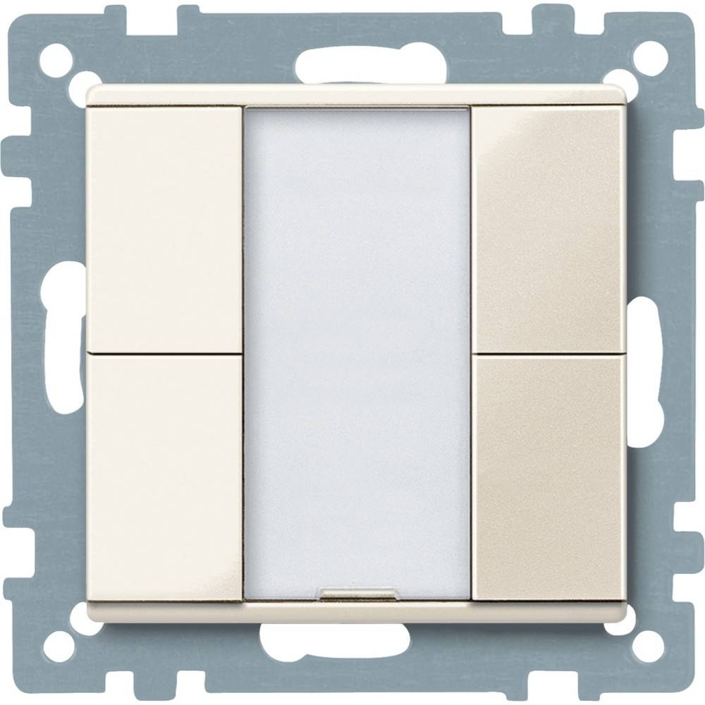 Ein Lichtschalter mit mehreren Tasten, entwickelt zur Steuerung verschiedener Funktionen in einem elektrischen System, eingebaut in einen Metallrahmen.