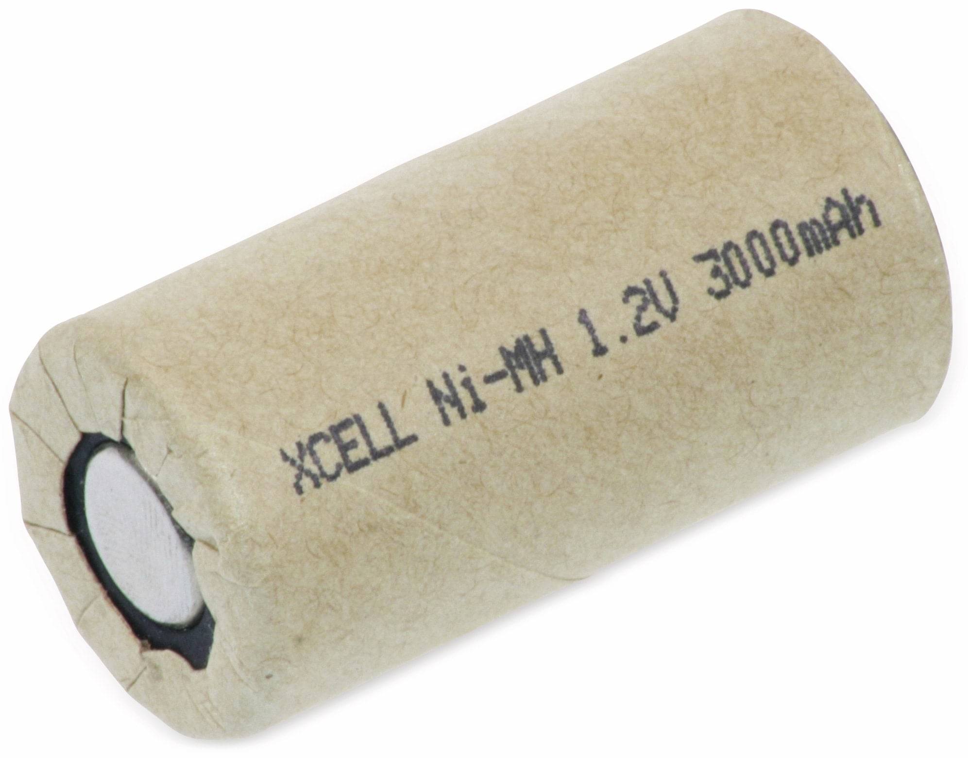 Ein zylindrischer wiederaufladbarer Akku mit der Bezeichnung „XCELL Ni-MH 1,2V 3000mAh