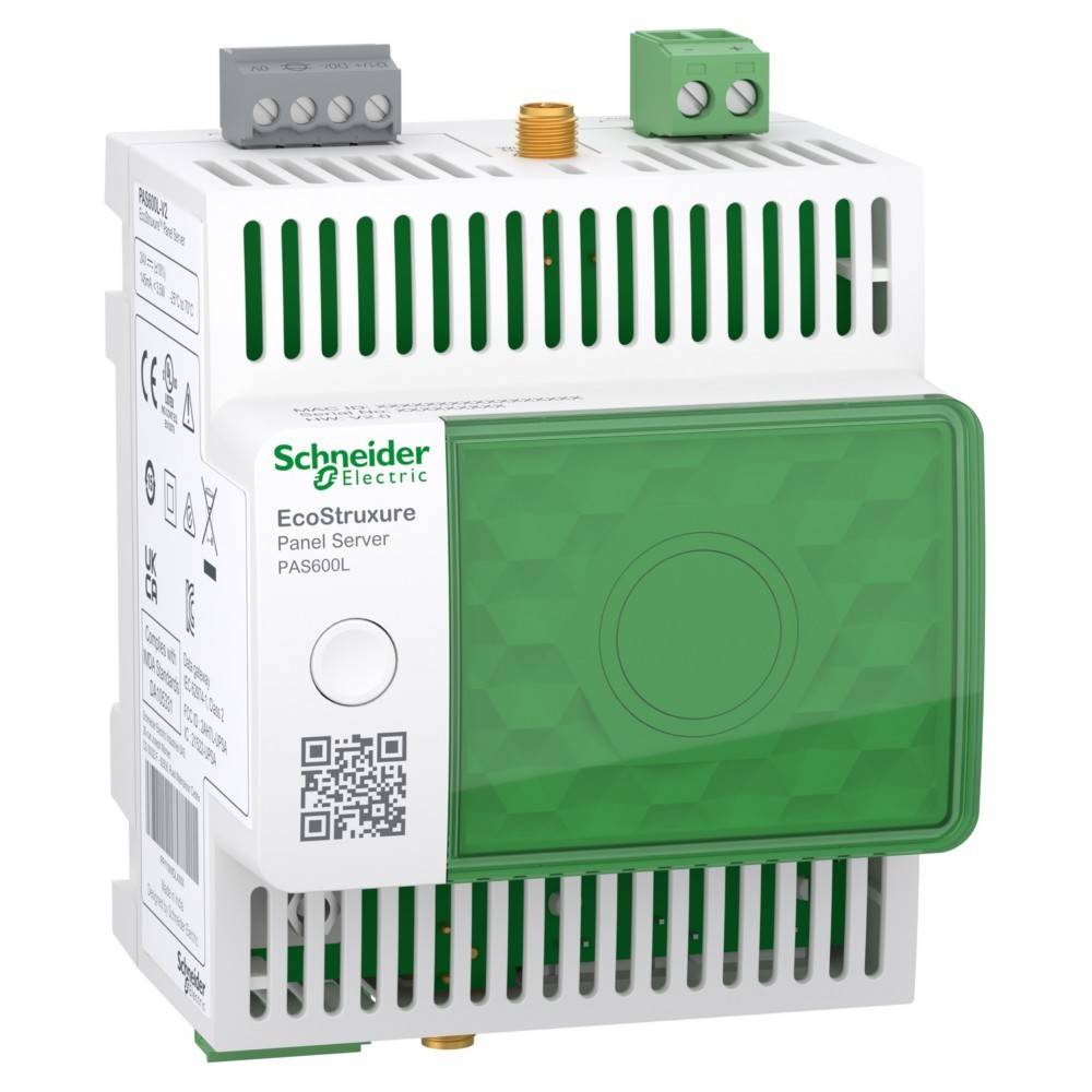 Schneider Electric EcoStruxure Panel Server PAS600L Gerät, das eine grüne Abdeckung und Anschlussklemmen präsentiert.