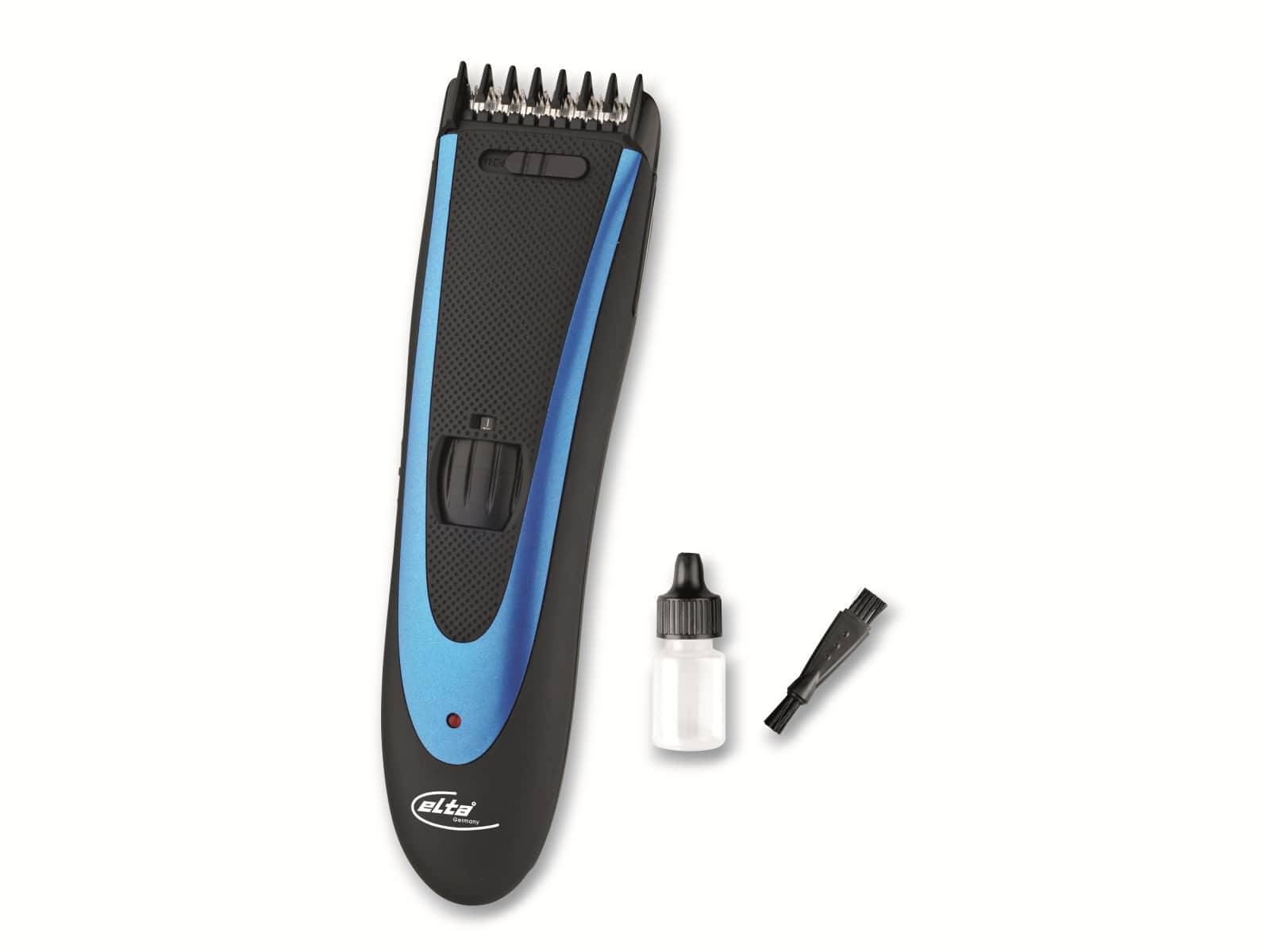 Ein schwarz-blauer elektrischer Haarschneider wird gezeigt, der eine verstellbare Schutzvorrichtung an der Oberseite aufweist, neben ihm befinden sich eine kleine Flasche und eine Reinigungsbürste.