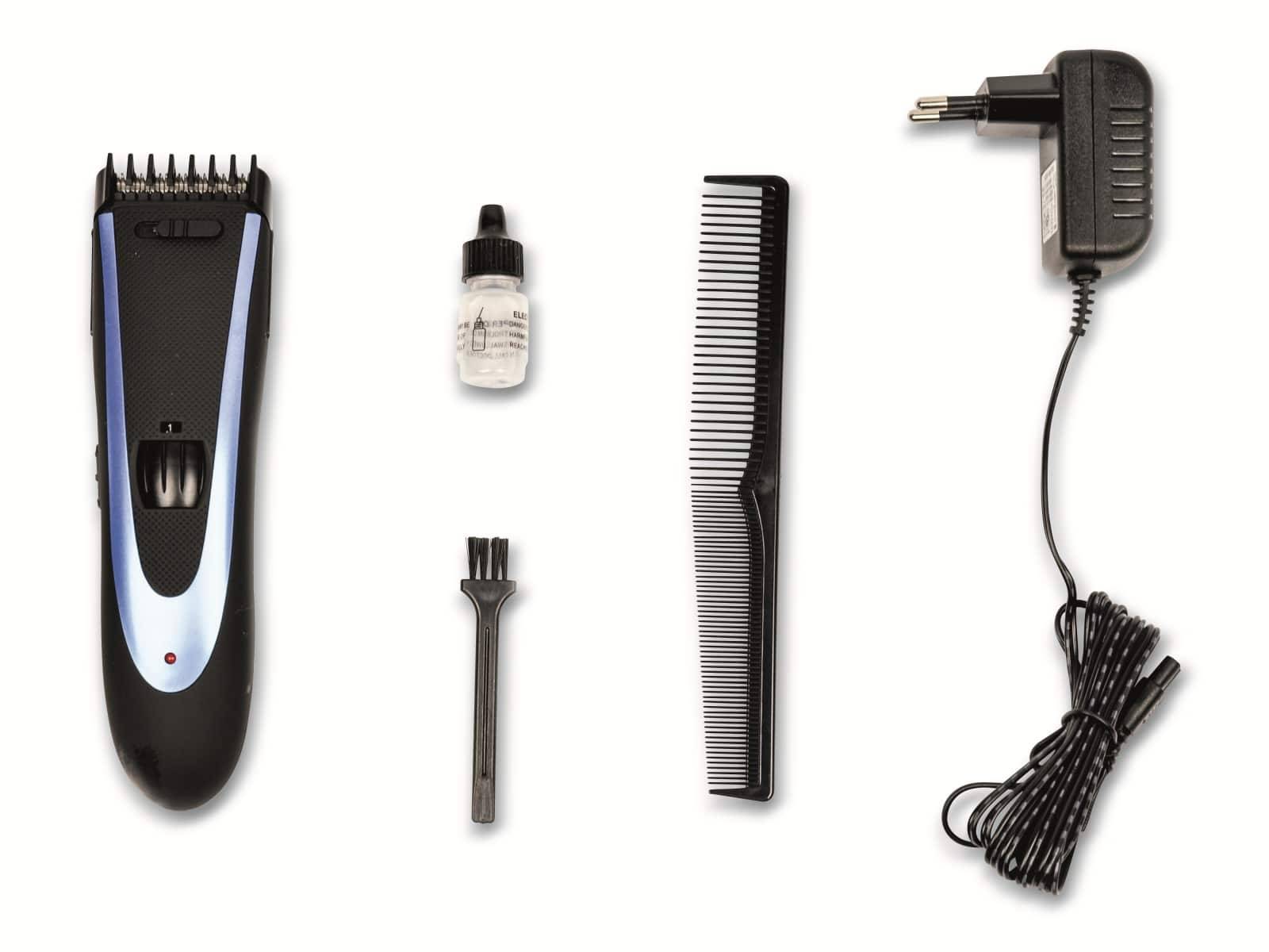 Haarschneidemaschinen-Set mit Aufsätzen: elektrische Haarschneidemaschine, Kamm, Ölflasche, Bürste und Ladekabel in einer Reihe auf weißem Hintergrund angeordnet.