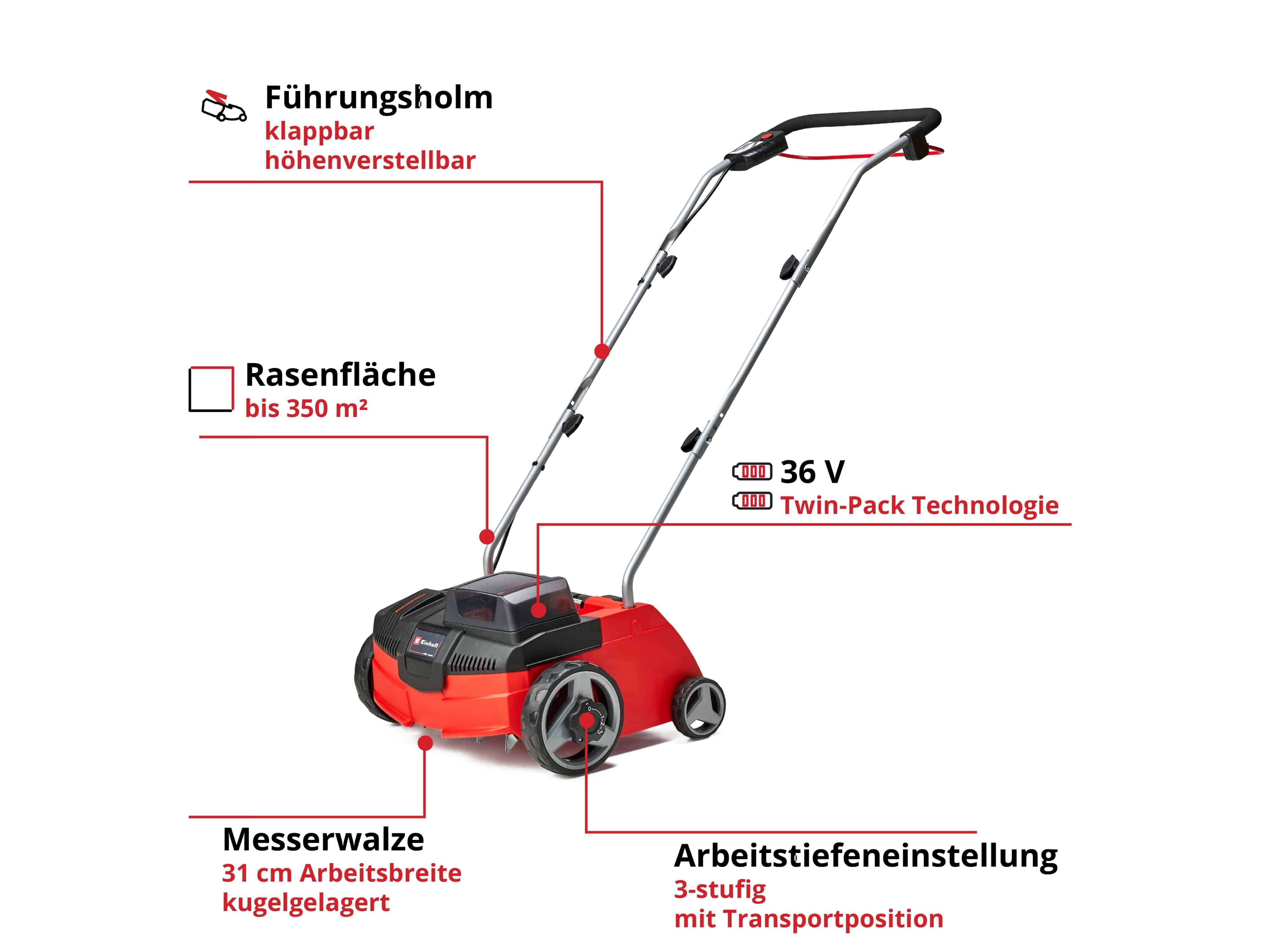 Ein roter Rasenvertikutierer mit klappbarem und höhenverstellbarem Griff, geeignet für Flächen bis zu 350 m², 36V Stromversorgung, 31 cm Schnittbreite und 3-stufige Tiefeneinstellung.