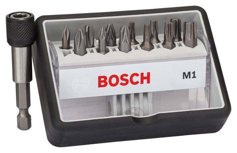 Schraubendreher-Bit-Box von Bosch, verschiedene Formen und Größen, angeordnet in einer Kunststoffbox mit transparentem Deckel.