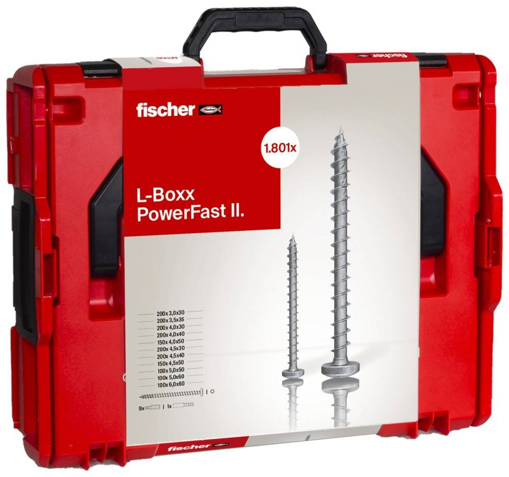 Rote Werkzeugbox mit der Aufschrift ‚fischer L-Boxx PowerFast II' mit Abbildungen von Schrauben und Größenübersicht.