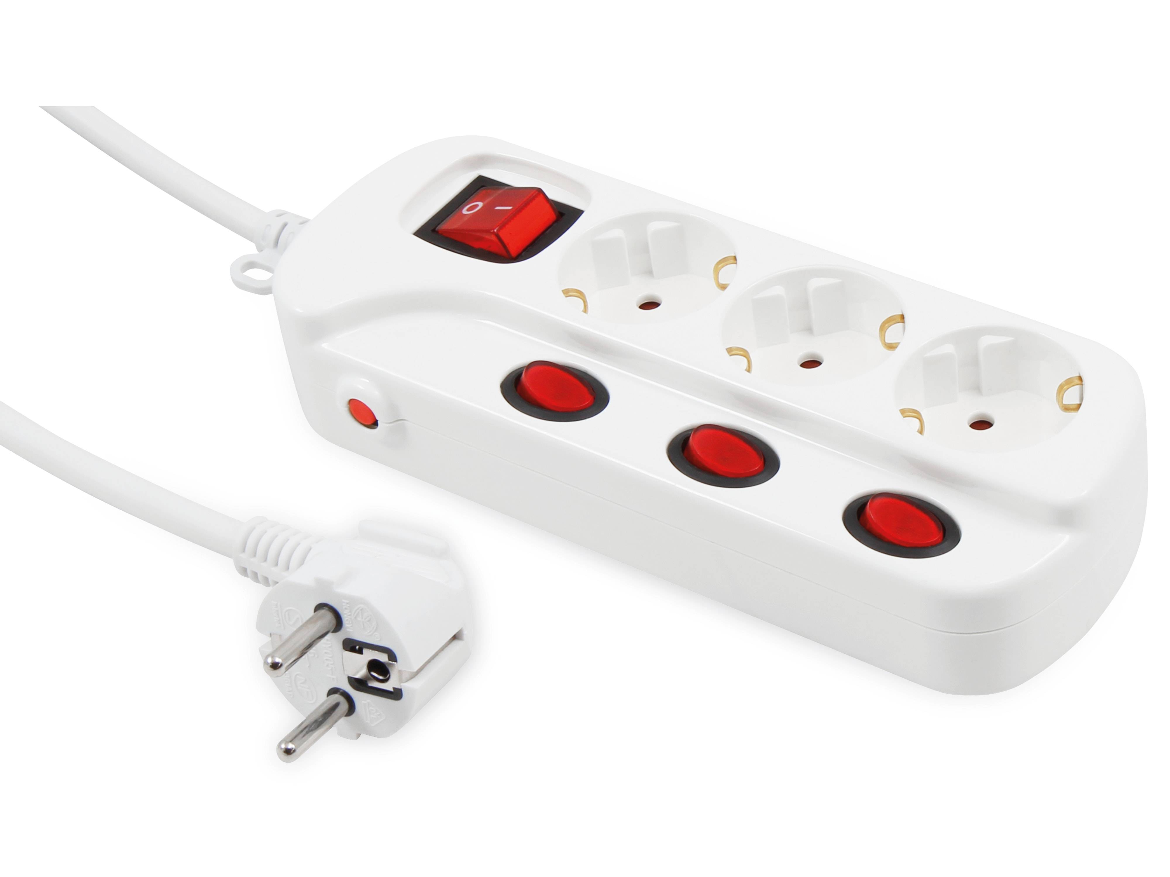 Eine weiße Steckerleiste mit drei europäischen Steckdosen und einem roten Ein-/Ausschalter, zusammen mit einem europäischen Stecker, der an einem Kabel angebracht ist.
