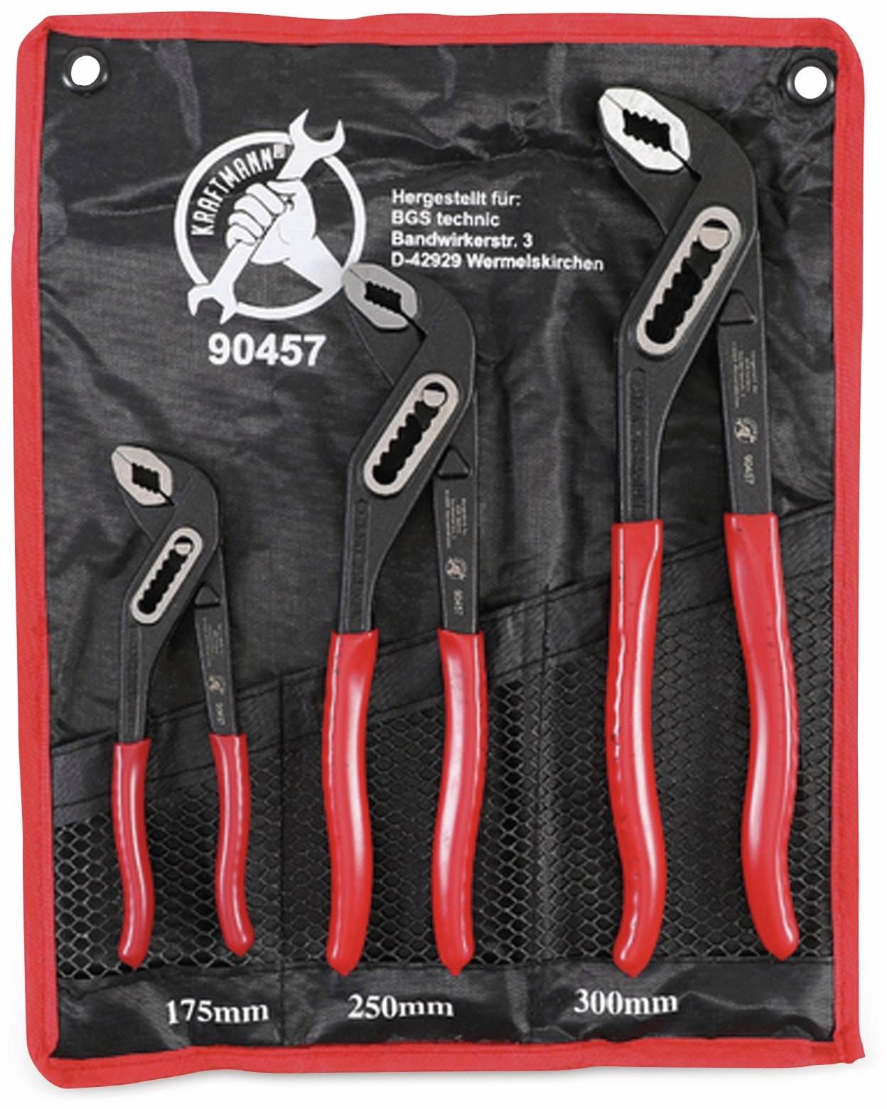 Ein Satz von vier Zangen mit roten Griffen in einem schwarzen Werkzeughalter, die von klein bis groß reichen. Das Markenlogo und Text sind auf dem Halter sichtbar.