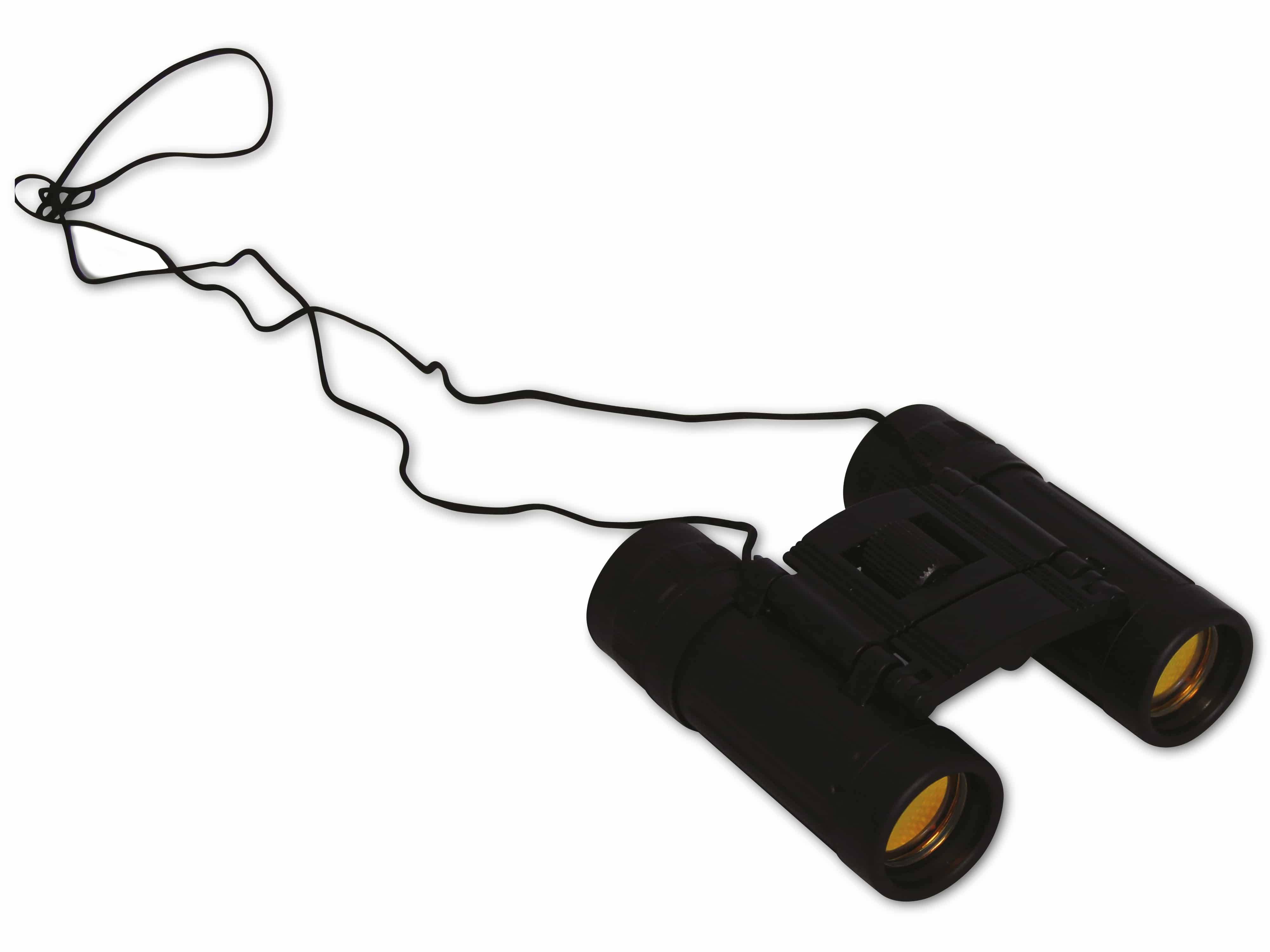 Ein Paar schwarzer Ferngläser von der Seite betrachtet, mit dem Nackenriemen locker um sie herumgewickelt.