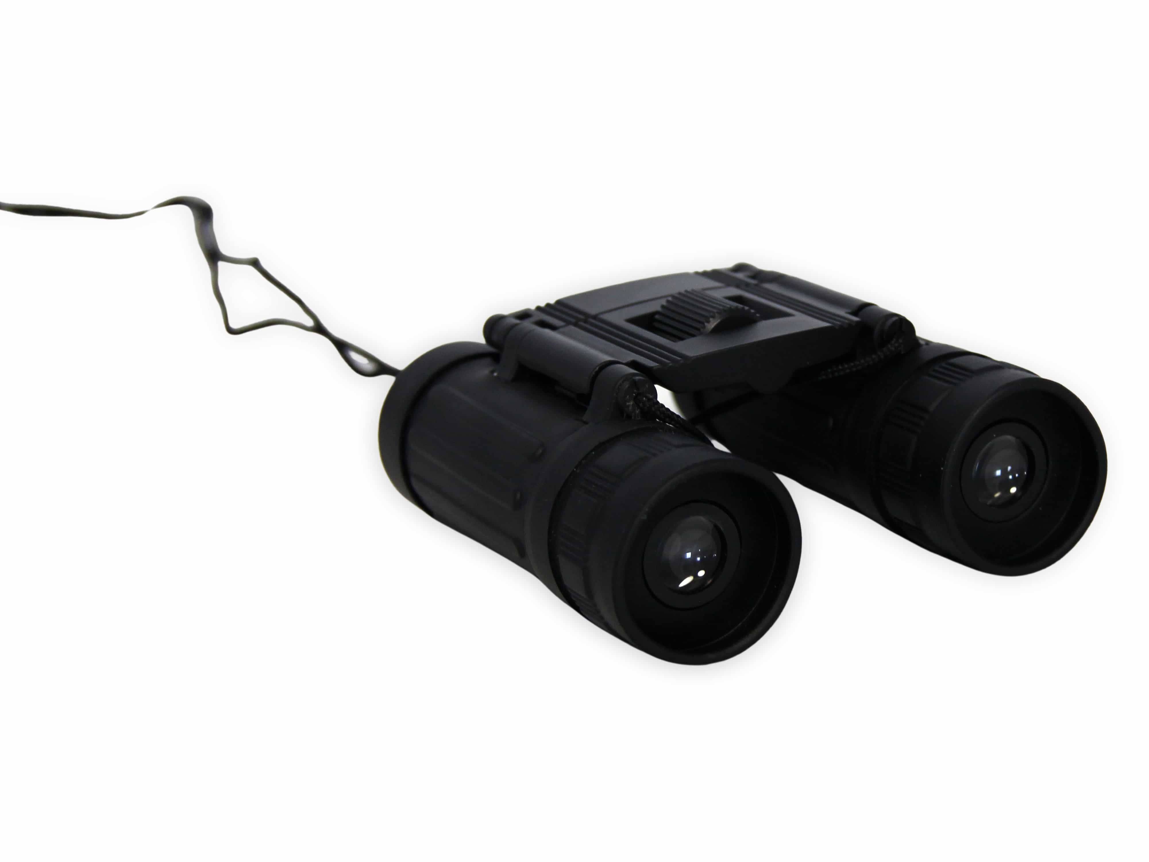 Schwarze Ferngläser mit einem Nackenriemen, aus einer Frontalperspektive betrachtet, wobei die Linsen hervorgehoben werden.