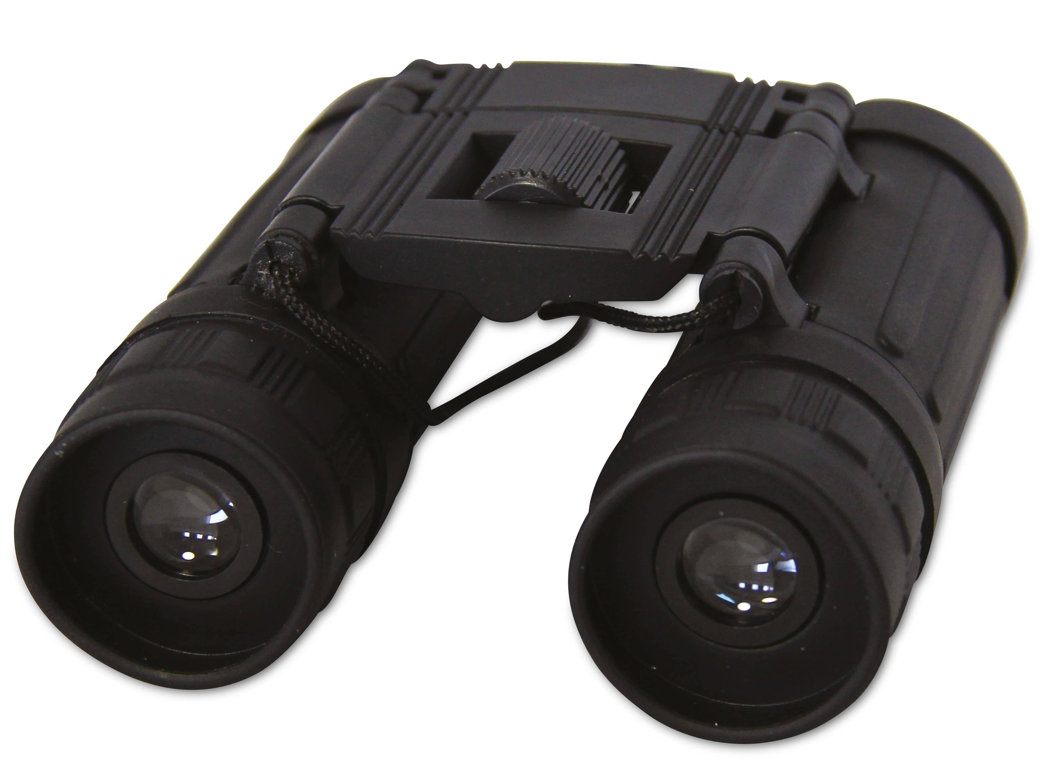 Ein Paar schwarzer Ferngläser mit einem zentralen Fokussierungsrad, von vorne betrachtet, das die Linsen und den Scharniersmechanismus zeigt.