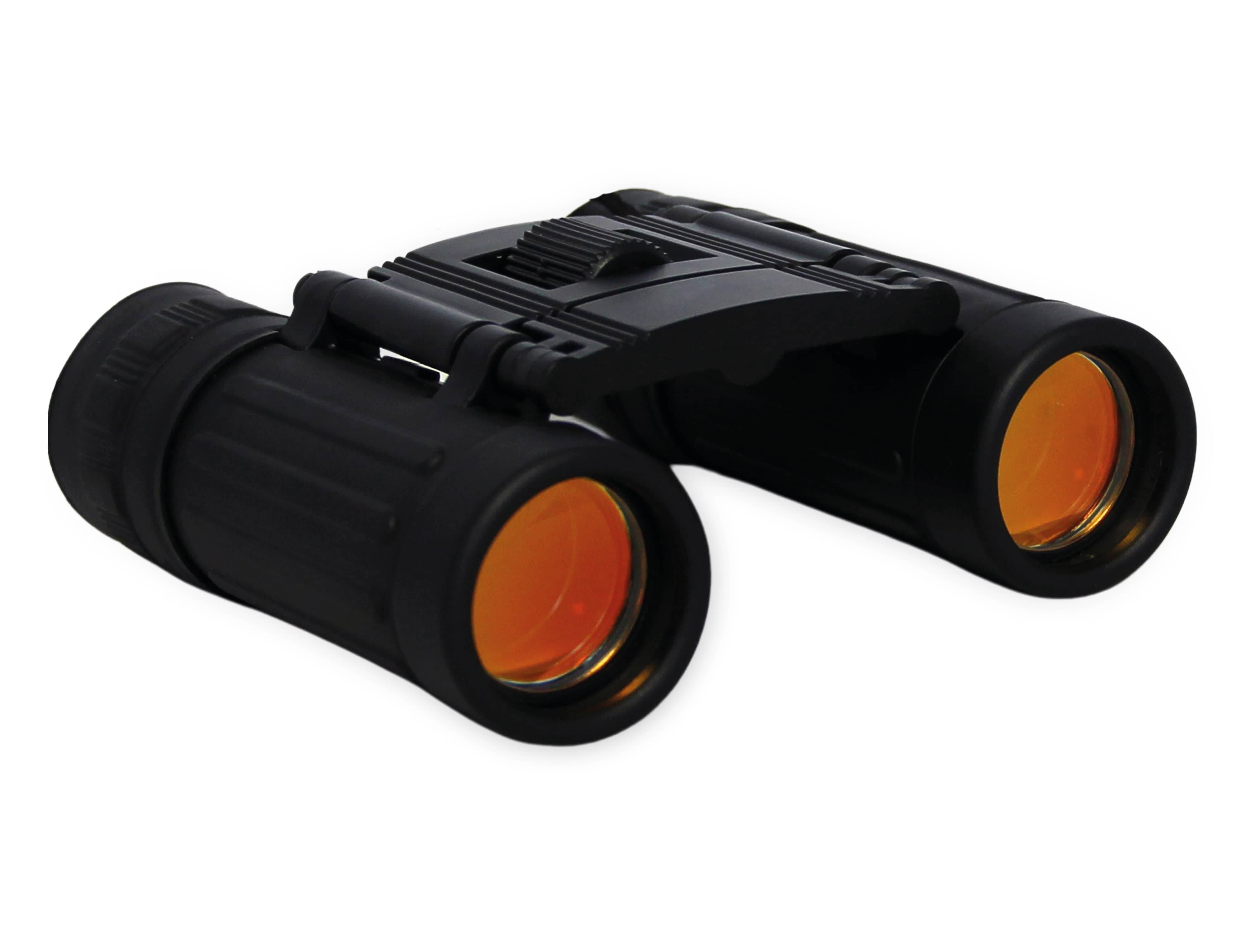 Kompakte schwarze Ferngläser mit orange getönten Linsen, entworfen für Reisen oder Vogelbeobachtung, auf einer weißen Oberfläche ruhend.