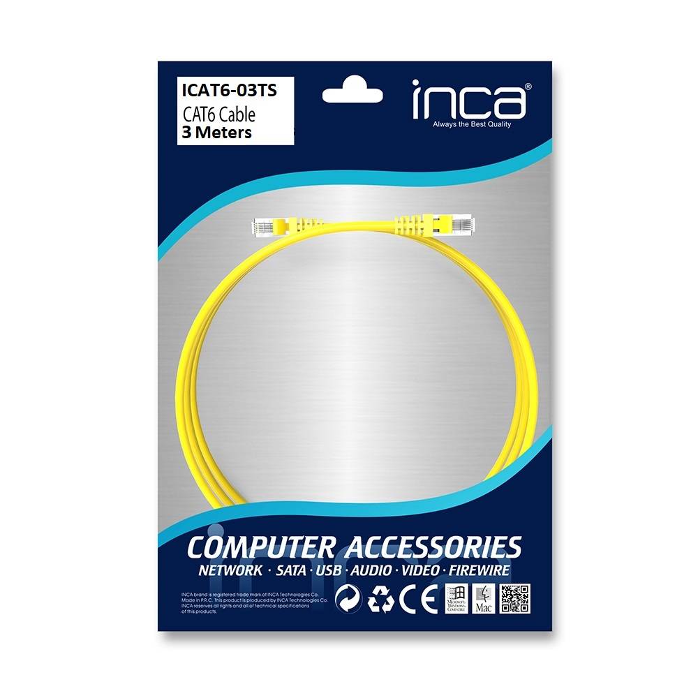 Inca CAT6 Kabelpaket, 5 Meter, zeigt ein gelbes Ethernet-Kabel mit Steckern und Branding für Computerzubehör.