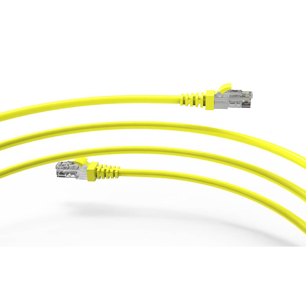 Gelbes Ethernet-Kabel mit RJ45-Steckern auf weißem Hintergrund, dargestellt als Produktschleifenbild.