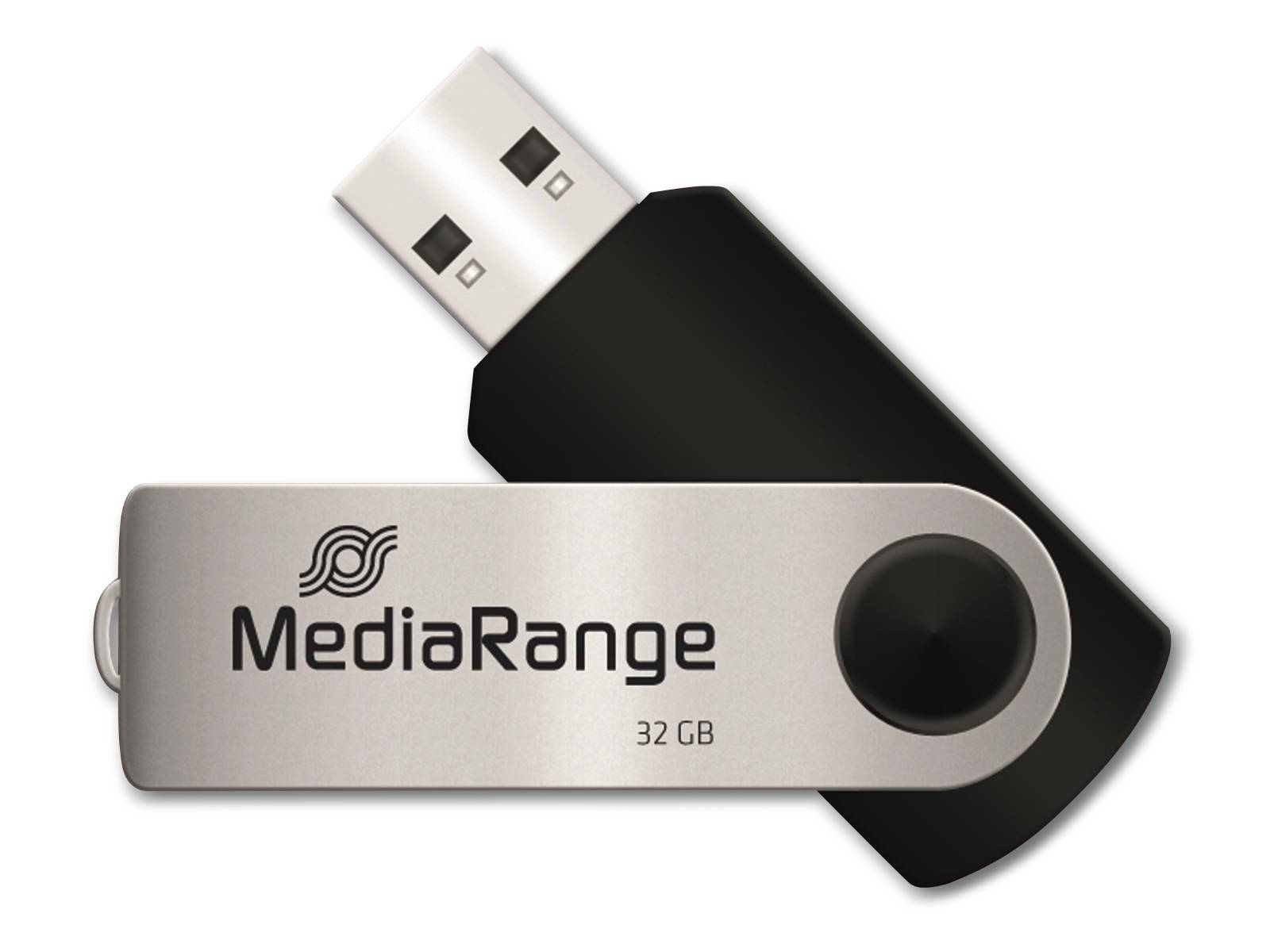 USB-Stick MediaRange 32 GB mit Schutzkappe und Logo.