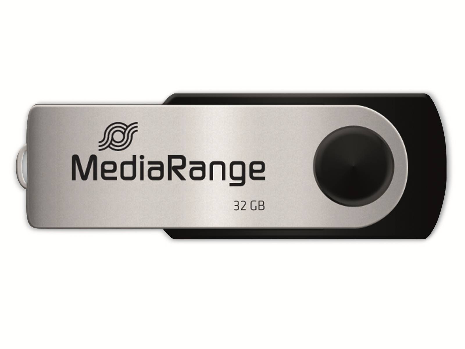 USB-Stick mit der Aufschrift 'MediaRange 32 GB' mit einer Metallverschlusskappe und schwarzem Gehäuse.