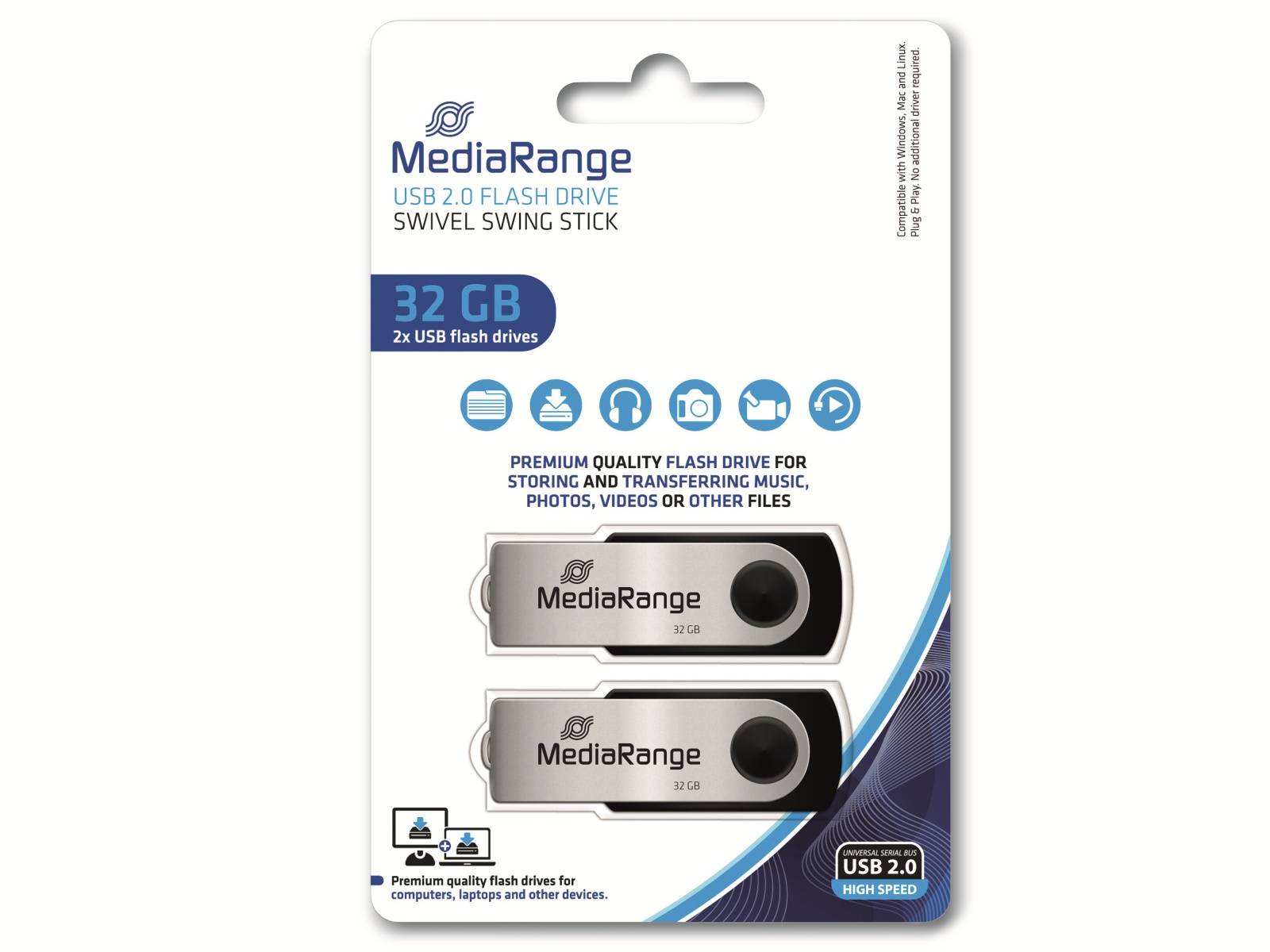 Paket mit zwei MediaRange 32GB USB 2.0 Speichersticks, mit der Bezeichnung 'Swivel Swing Stick', geeignet für Musik-, Foto- und Videoübertragung.
