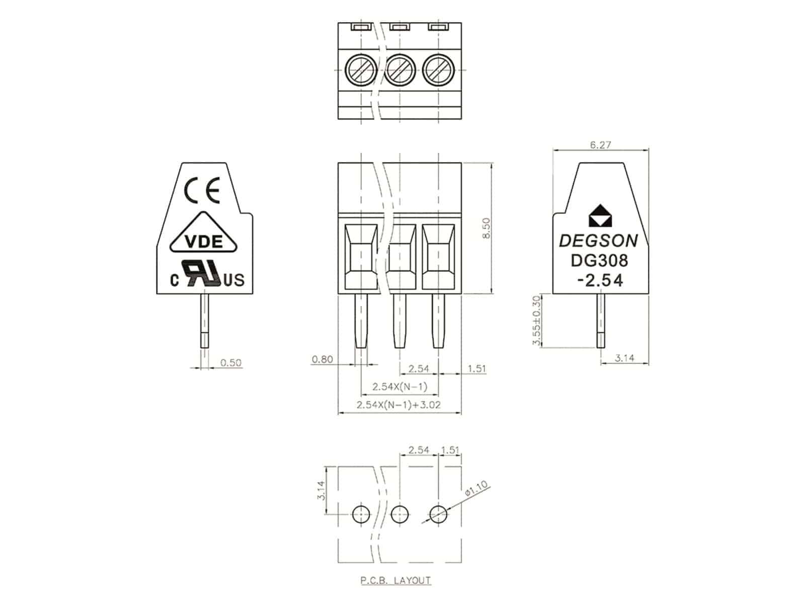 DEGSON Klemmleiste, DG308-2.54-02P-14-00AH, RM 2,54 2 polig grün