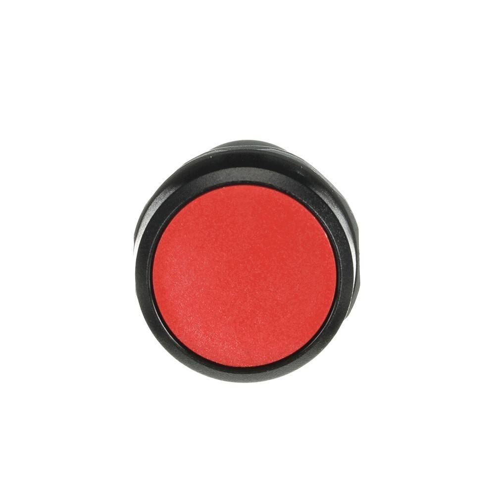 Ein runder, roter Druckknopf mit schwarzem Rand, von oben betrachtet, der üblicherweise für Not-Aus-Funktionen an Maschinen oder Geräten verwendet wird.