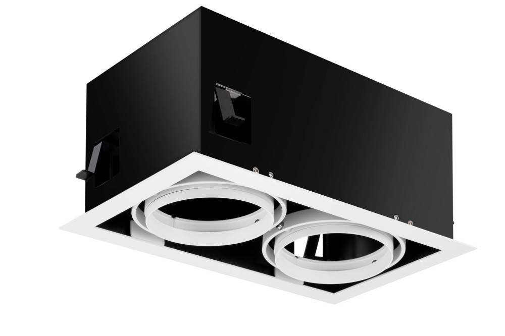 Eine schwarze rechteckige, in die Decke eingelassene Leuchte mit zwei runden Lichtöffnungen, konzipiert für architektonische Umgebungen.