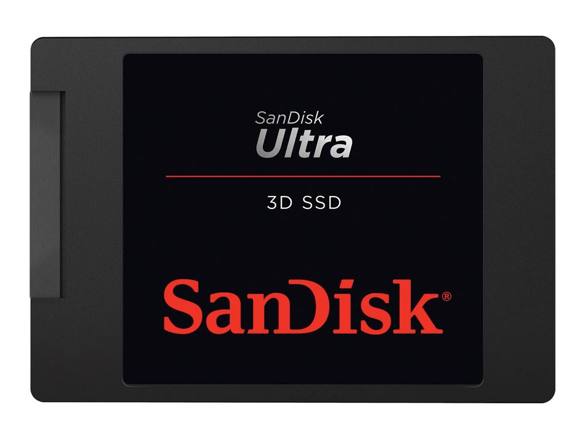 SanDisk Ultra 3D SSD Solid-State-Drive mit schwarzem Gehäuse und rotem SanDisk-Logo.
