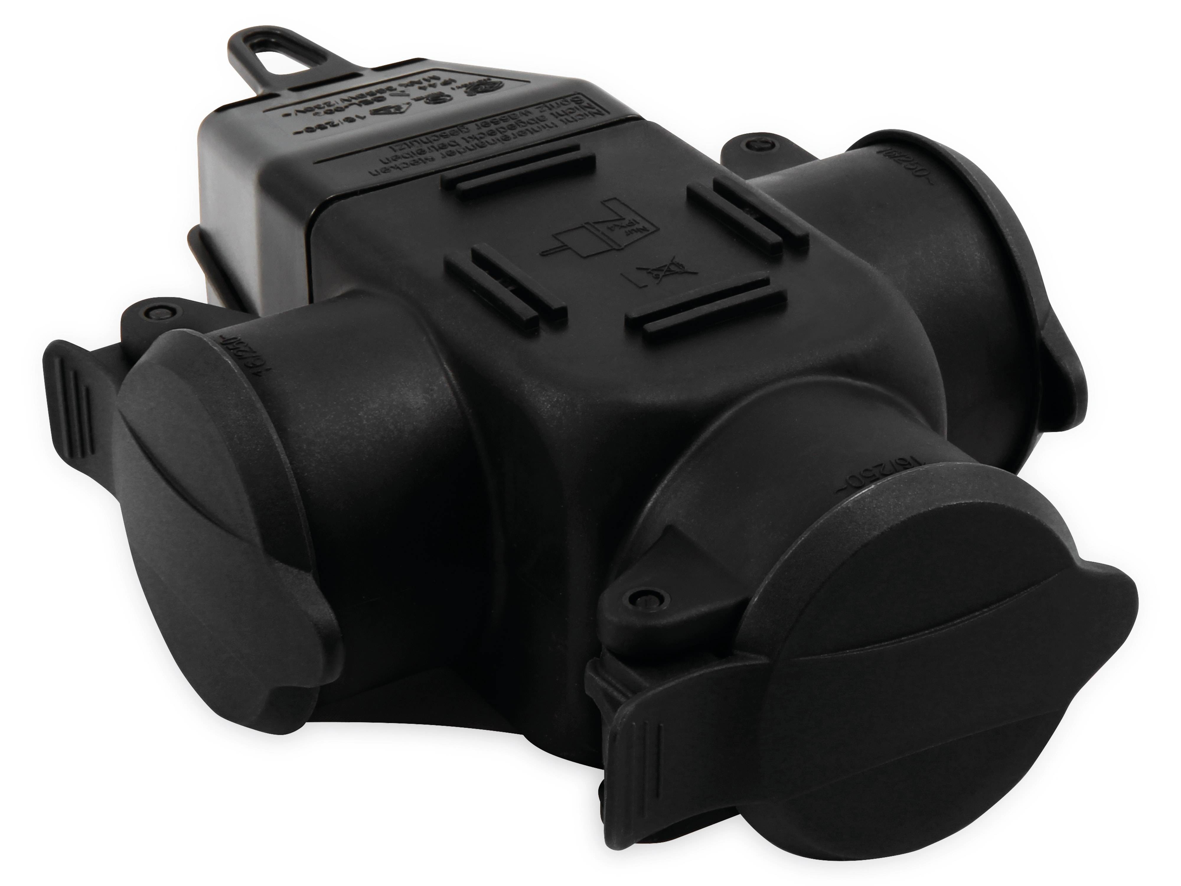 Ein schwarzer, dreipoliger Elektrostecker mit sicheren Abdeckungen, konzipiert für den Außenbereich, mit beschrifteten Anweisungen auf der Oberseite.