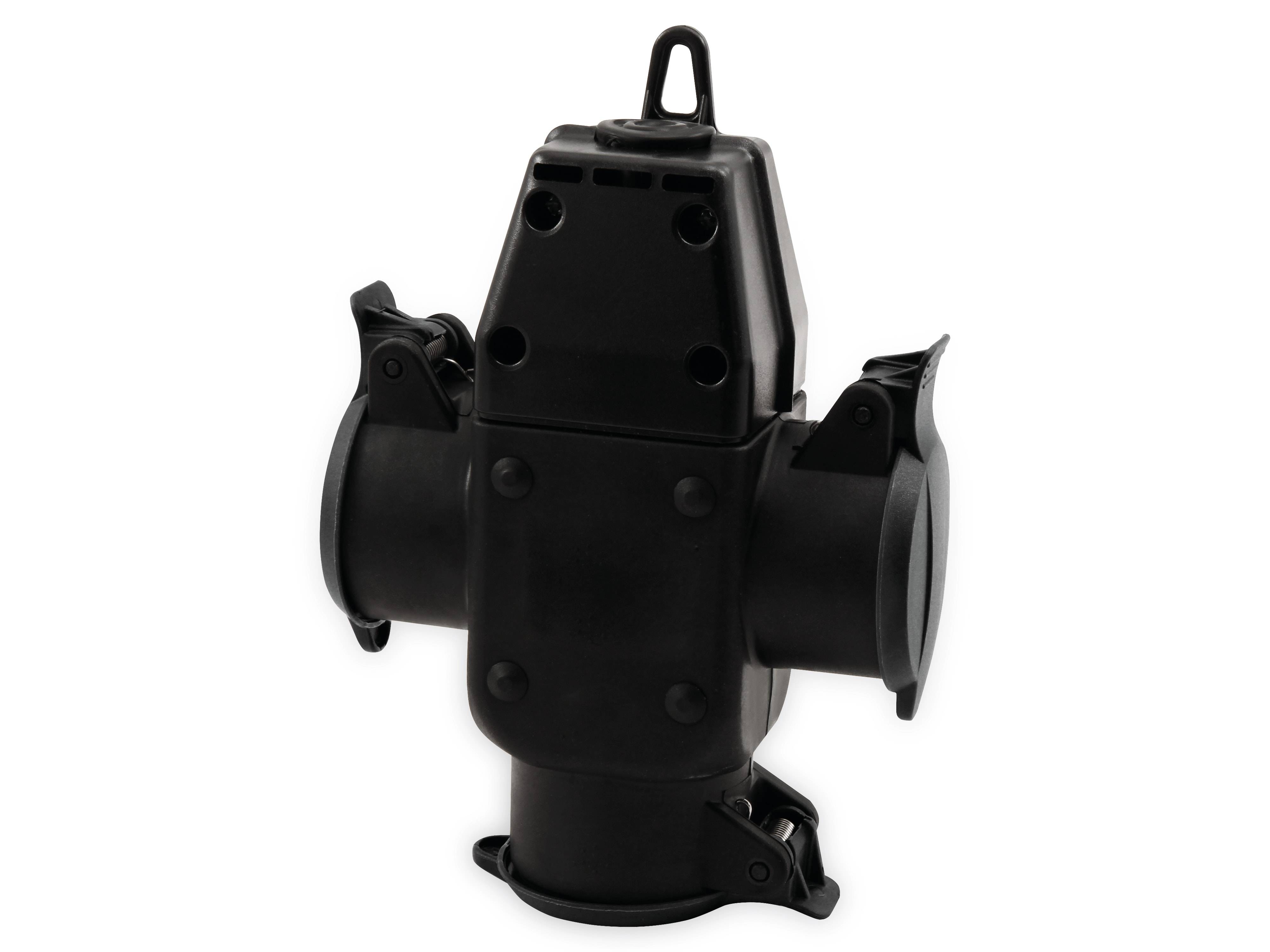 Ein schwarzer, dreiwegeiger Splitter mit einem Haken oben, der drei Steckdosen für elektrische Verbindungen aufweist.