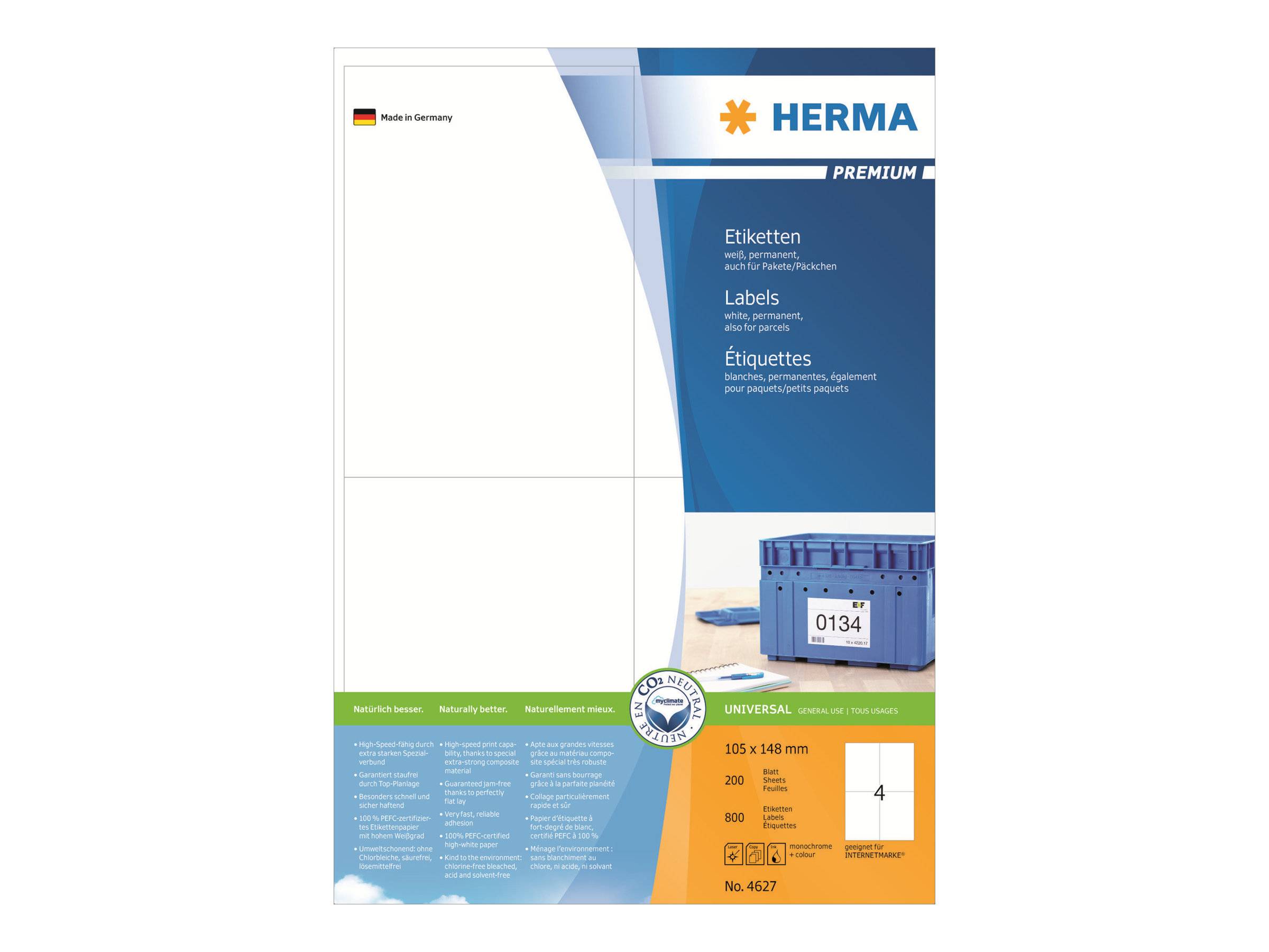 HERMA Premium Permanent selbstklebende matte laminierte Papieretiketten weiß A6 105 x 148 mm 800 Etiketten 200 Bogen x 4