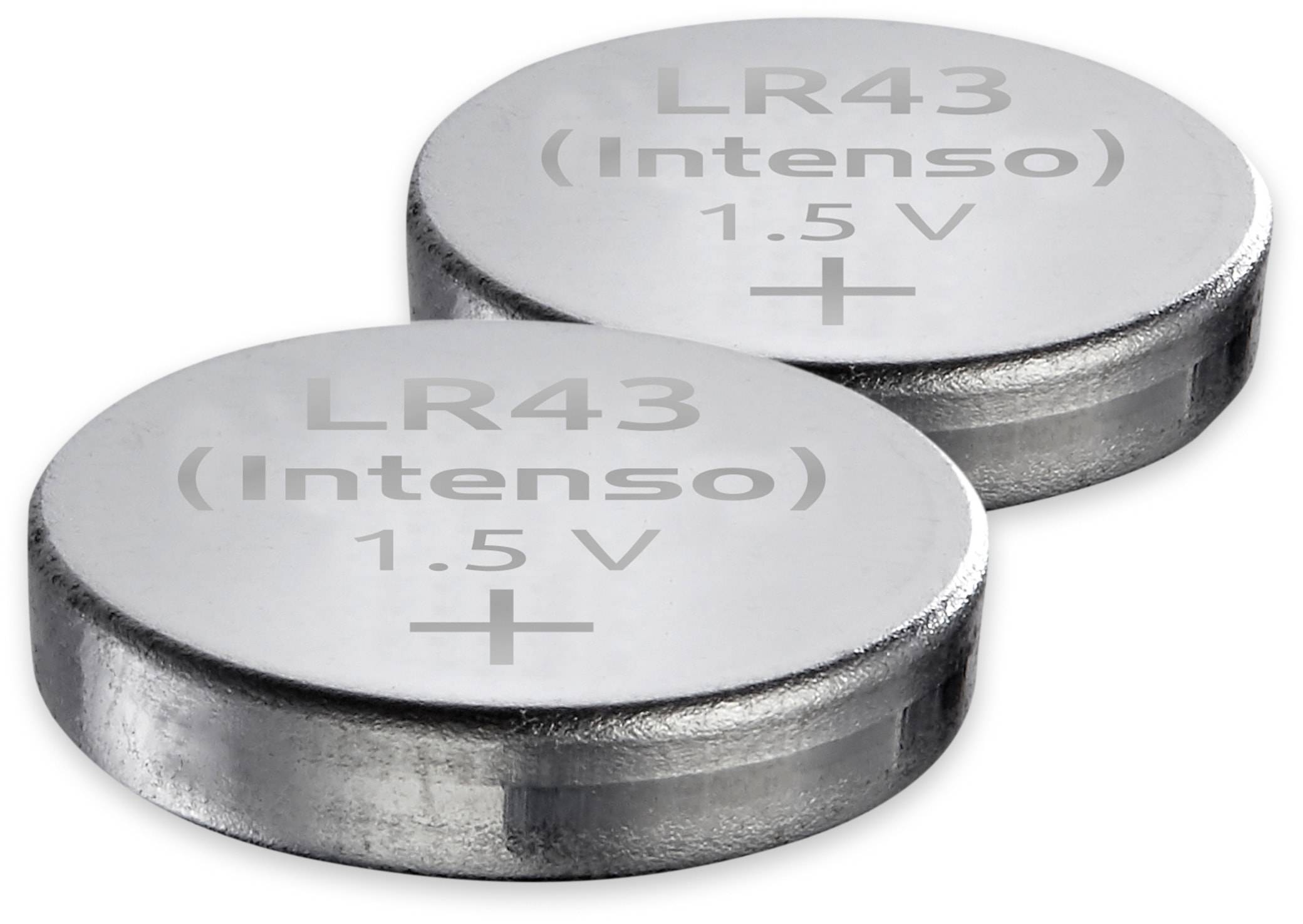 Zwei Knopfzellen aus Silber, beschriftet mit 'LR43 (Intenso) 1.5 V', mit Pluszeichen, die die positiven Anschlüsse markieren.