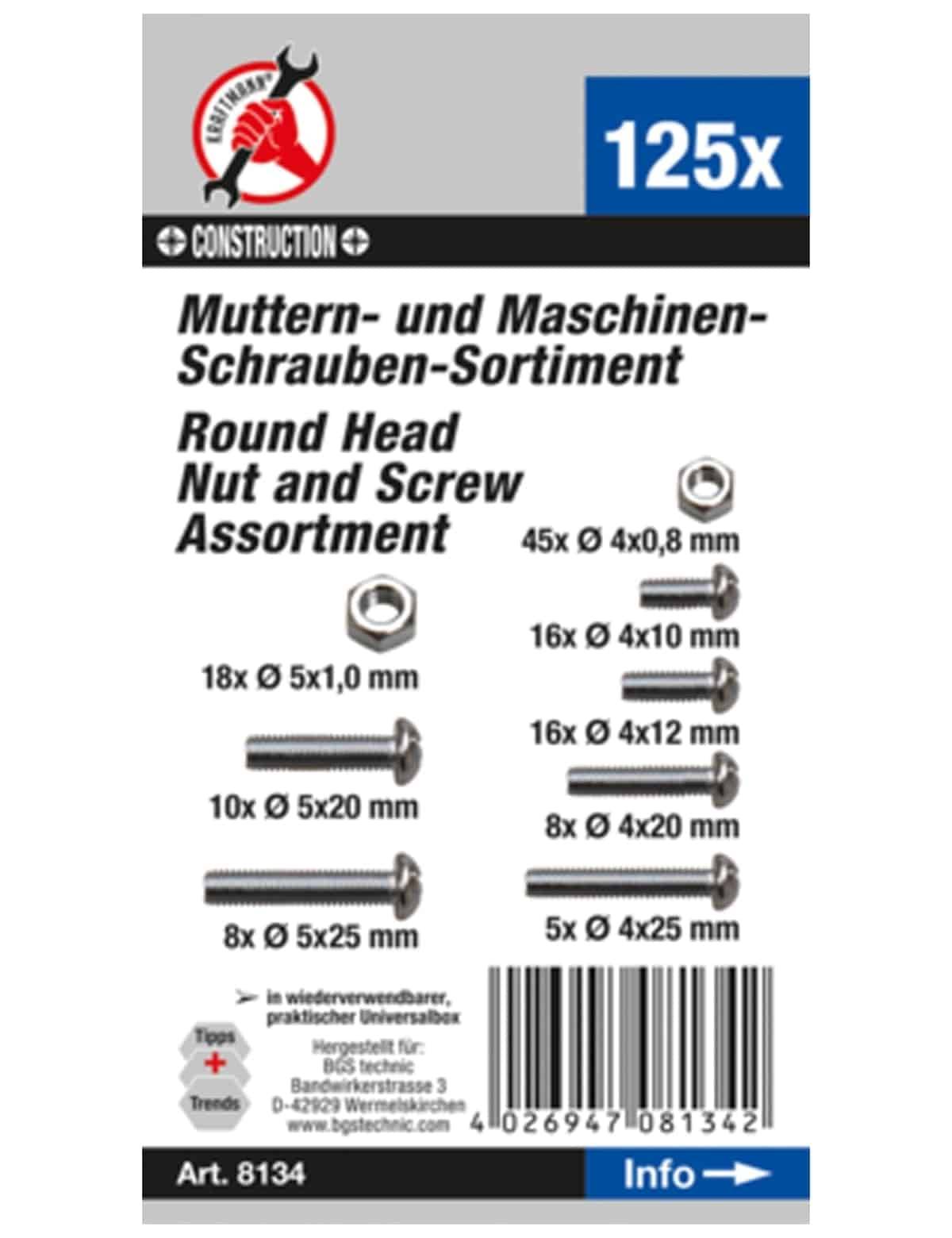 BGS TECHNIC Muttern- und Schrauben-Sortiment 8134, metrisch, M4 / M5, 125-tlg.