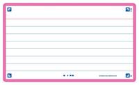 Leere, linierte Notizkartenvorlage mit weißem Hintergrund, rosa Rahmen, kleine blaue Ecksymbole und Seitenpunkte am unteren Rand.