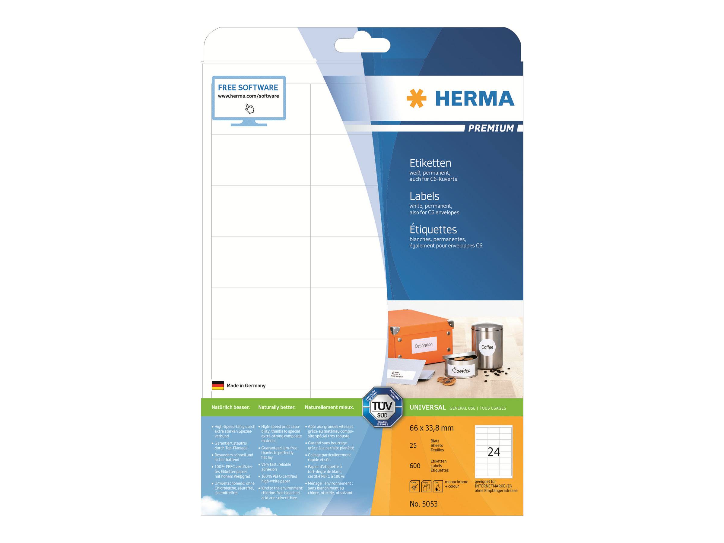 HERMA Premium - Papier - matt - permanent selbstklebend - weiß - 66 x 33.8 mm 600 Etikett(en) (25 Bogen x 24)