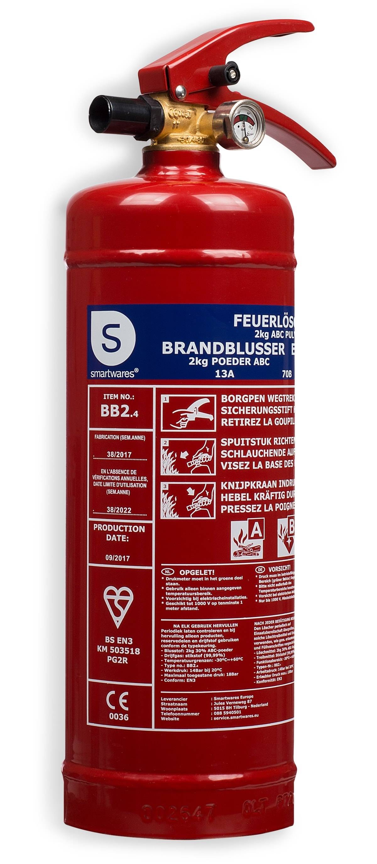 SMARTWARES Feuerlöscher, Pulver, 2 Kg, Brandklasse 13A, 70B, C