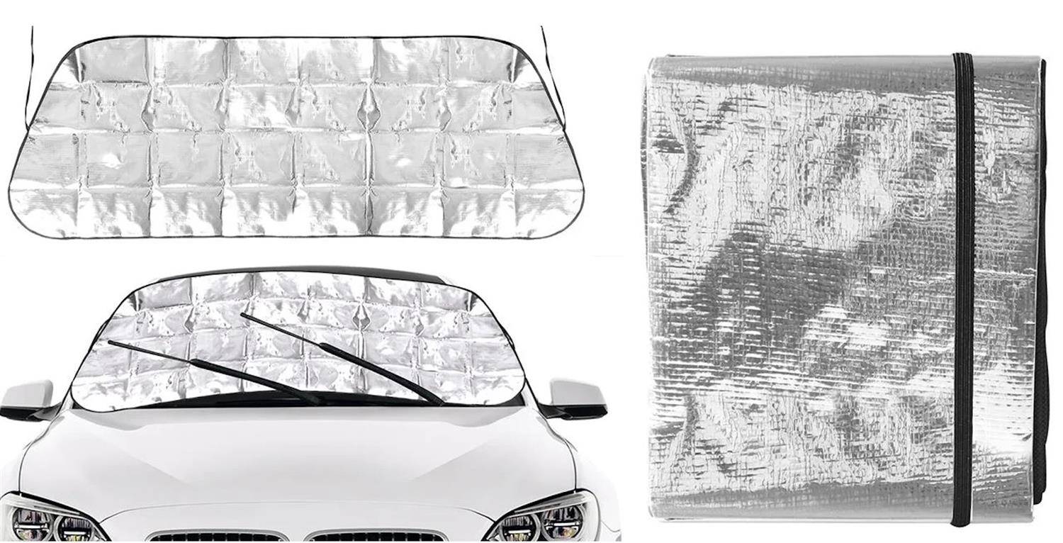 Ein Autofenster-Sonnenschutz wird in drei Abschnitten angezeigt und zeigt seine reflektierende silberne Oberfläche, die Platzierung auf der Windschutzscheibe und die Materialtextur.