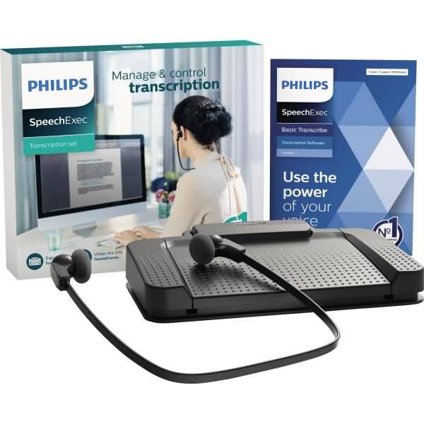 Philips SpeechExec Transkriptionsset mit einem Desktop-Transkriptionsgerät, Kopfhörer und Softwarepaket, das dahinter angezeigt wird.