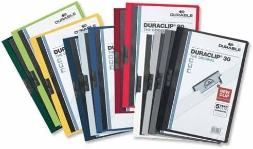 Fünf Duraclip-Dokumentenhalter in verschiedenen Farben und Größen, fächerförmig angeordnet, um die Produktverpackung und vorderen Abdeckungen zu zeigen.