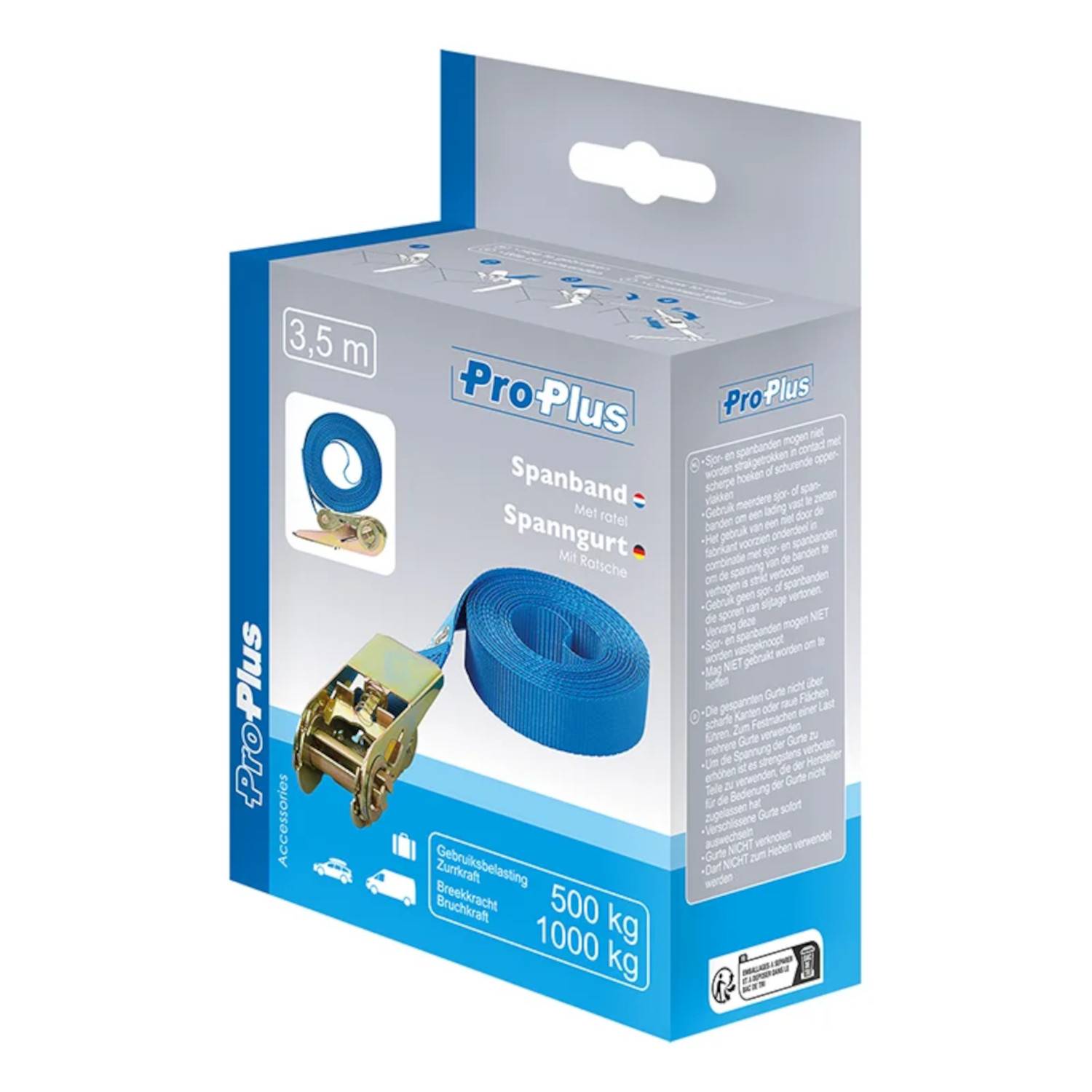 ProPlus' blauer Gurt mit Metallschnalle in Verpackung, 3,5m lang, Tragfähigkeit 500 kg statisch, 1000 kg dynamisch.