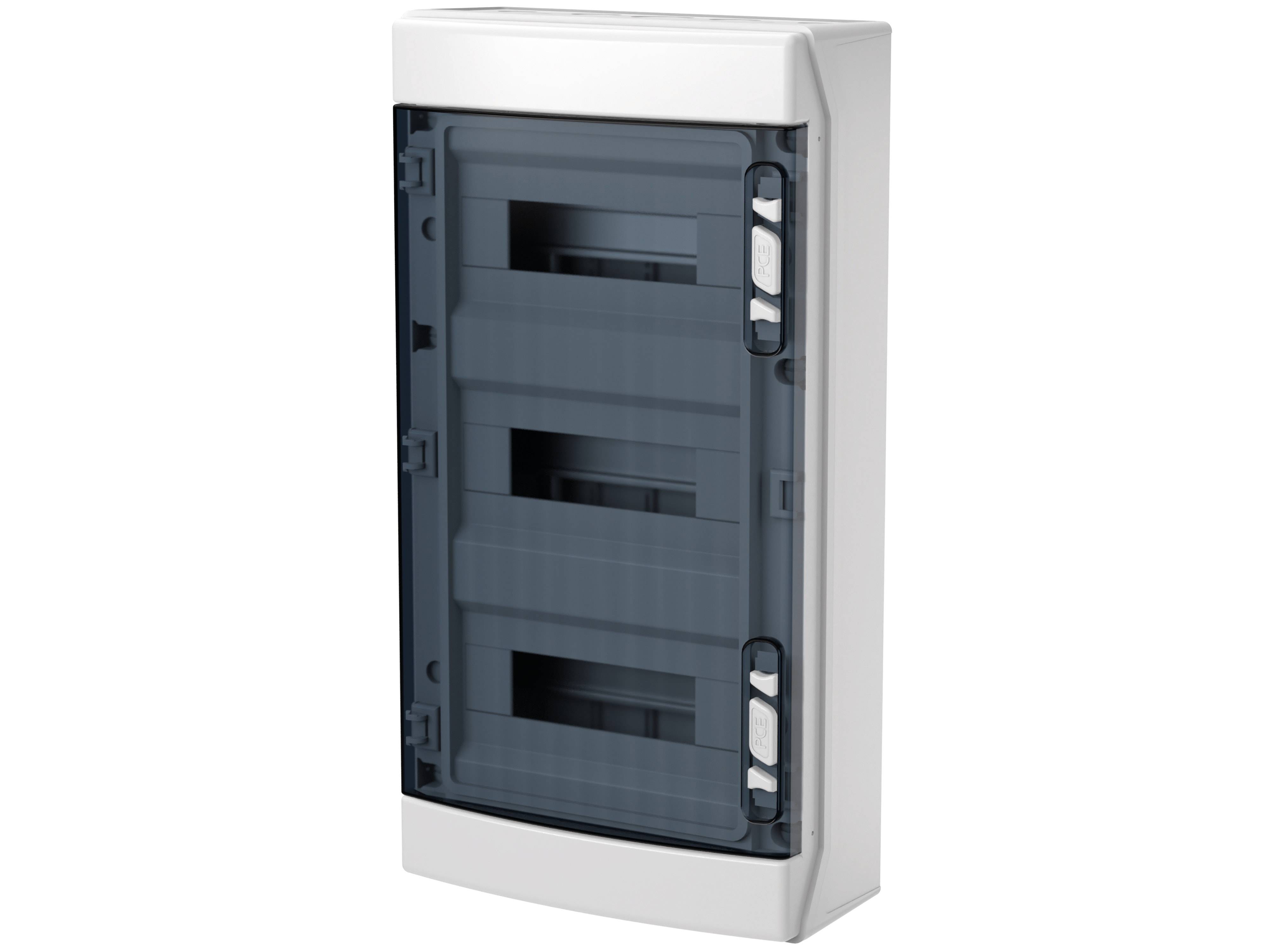 Ein weißer Stromverteilerschrank mit transparent grauem Deckel und drei internen Fächern, konstruiert zum Schutz von Stromkreisen.