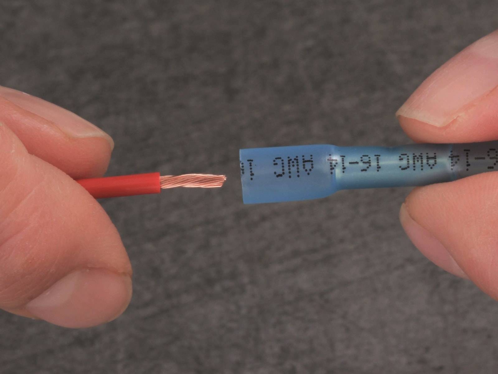 Eine Person hält in ihren Händen einen blauen Drahtstecker mit der Bezeichnung „16-14 AWG