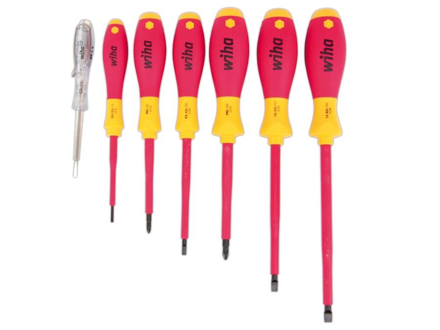 Satz von sechs Schraubenziehern in Rot und Gelb mit verschiedenen Kopfgrößen und einem transparenten Tester, alle mit dem Markennamen beschriftet.