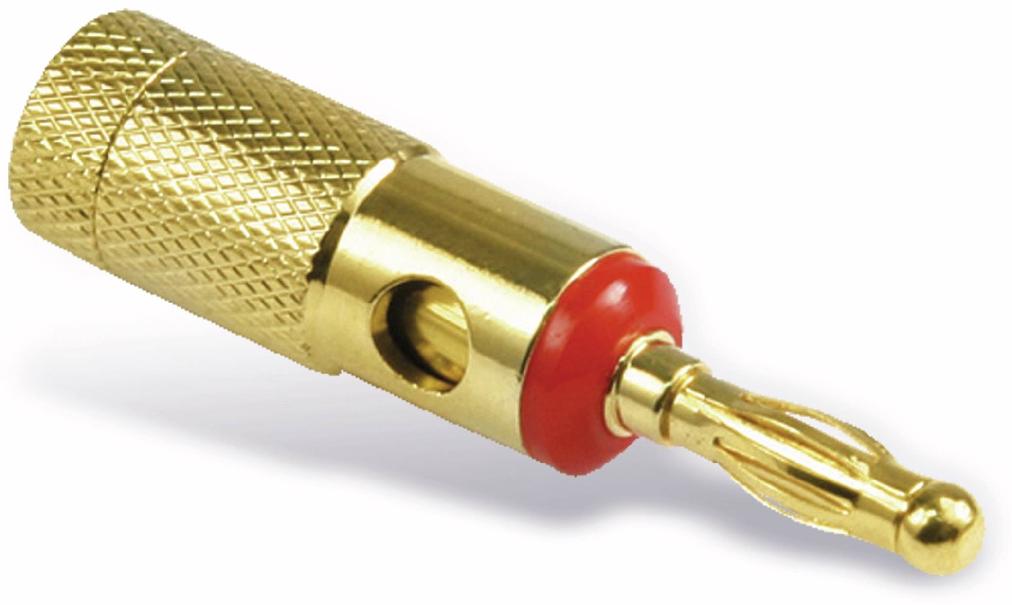 Eine Nahaufnahme eines vergoldeten RCA-Steckers mit einem roten Isolierring, der für Audio- und Videoverbindungen verwendet wird.