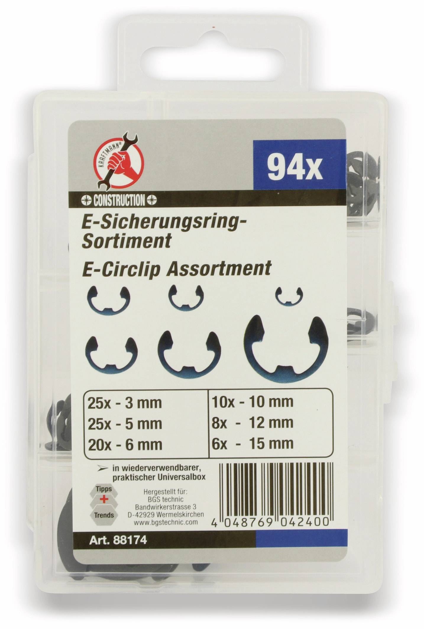 BGS TECHNIC E-Sicherungsring-Sortiment, 94 Stück