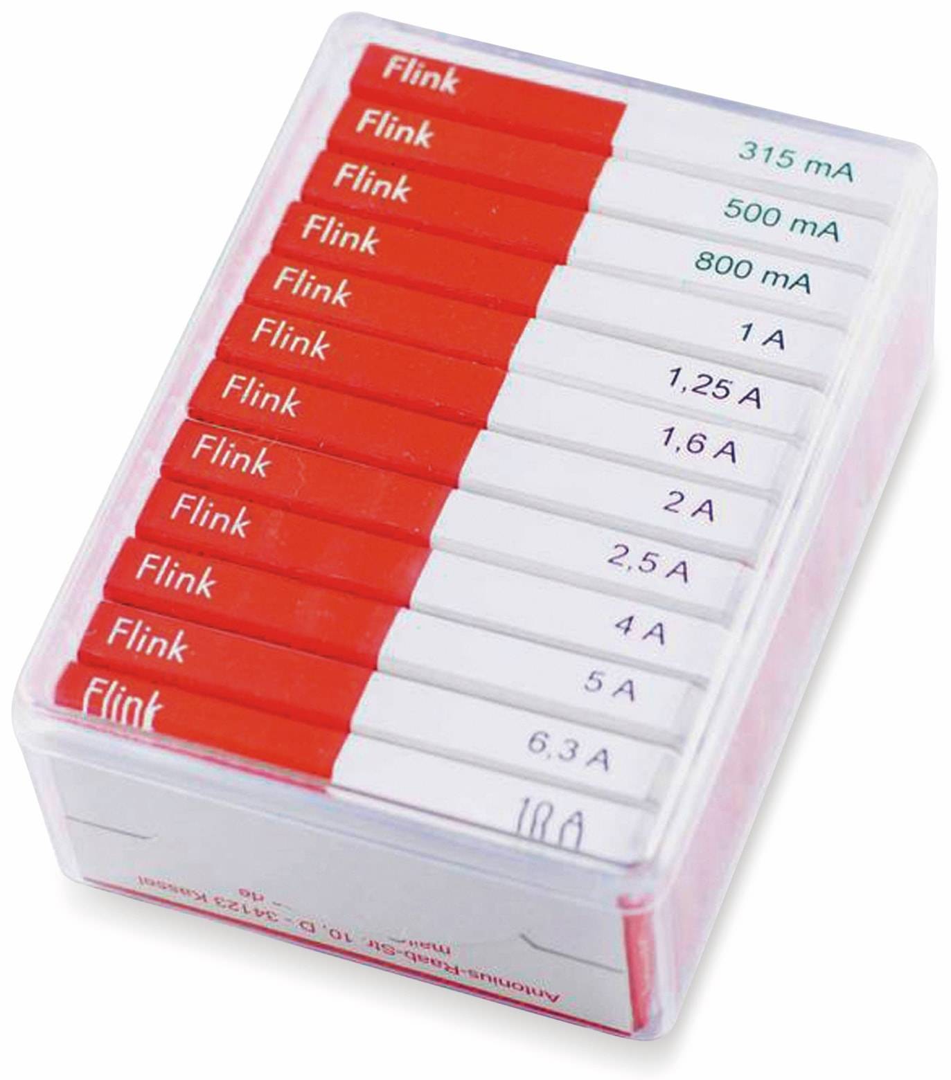 Eine transparente Box, die eine Auswahl verschiedener roter und weißer Sicherungen enthält, die mit ihren entsprechenden Amperezahl-Bewertungen gekennzeichnet sind.