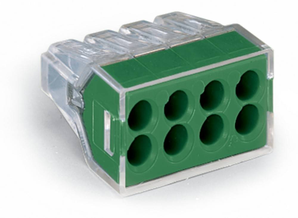 Eine Nahaufnahme eines transparenten Plastikverbinders mit sechs grünen kreisförmigen Anschlüssen, der für elektrische oder Netzwerkkabelverbindungen verwendet wird.