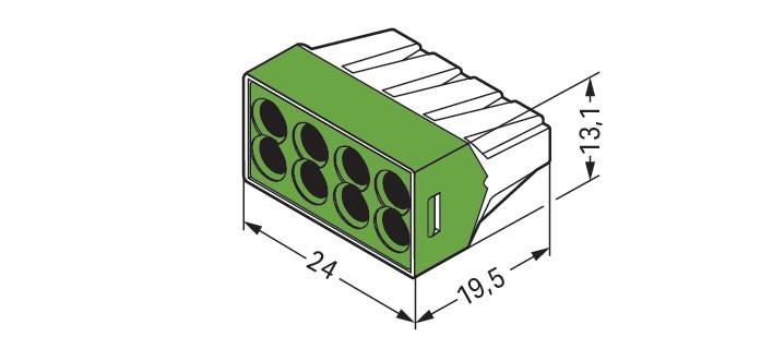 Ein grüner Acht-Port-Elektroverbinder mit Abmessungen von 24 mal 19,5 Millimetern.
