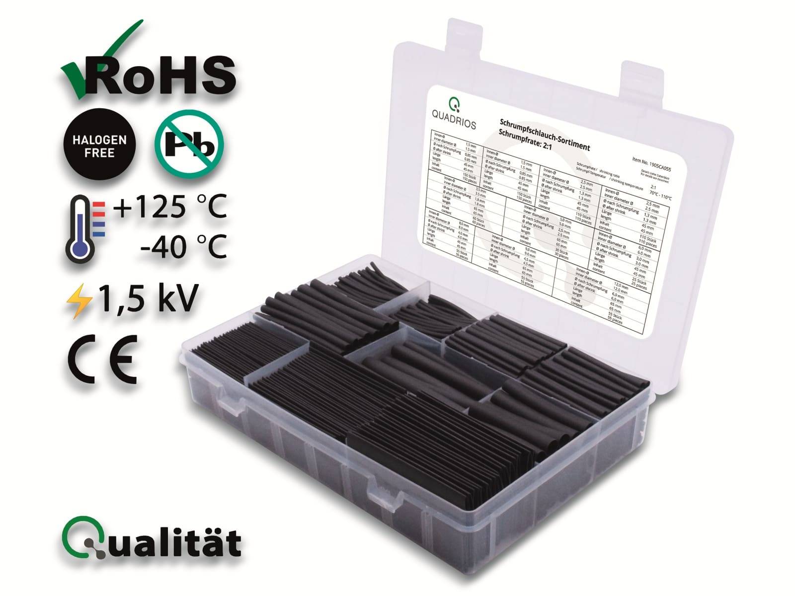 QUADRIOS Schrumpfschlauch Set Sortiment 1905CA055, Industriequalität 2:1, 800 Stück